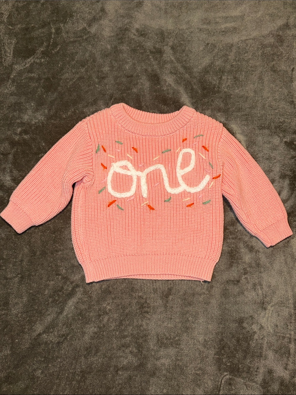 Amazon Pink Knit "One" Birthday Sweater with Confetti Stitching